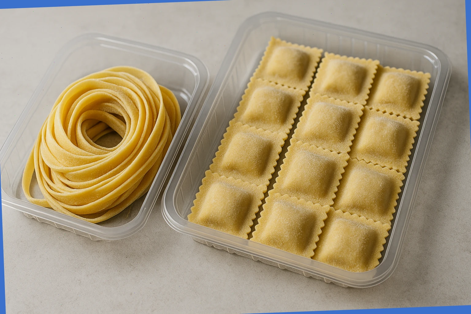 Two fresh pasta shapes packed in recyclable trays