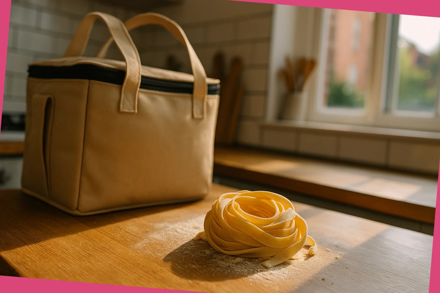 Handmade pasta nest and chilled delivery tote in Bristol kitchen light