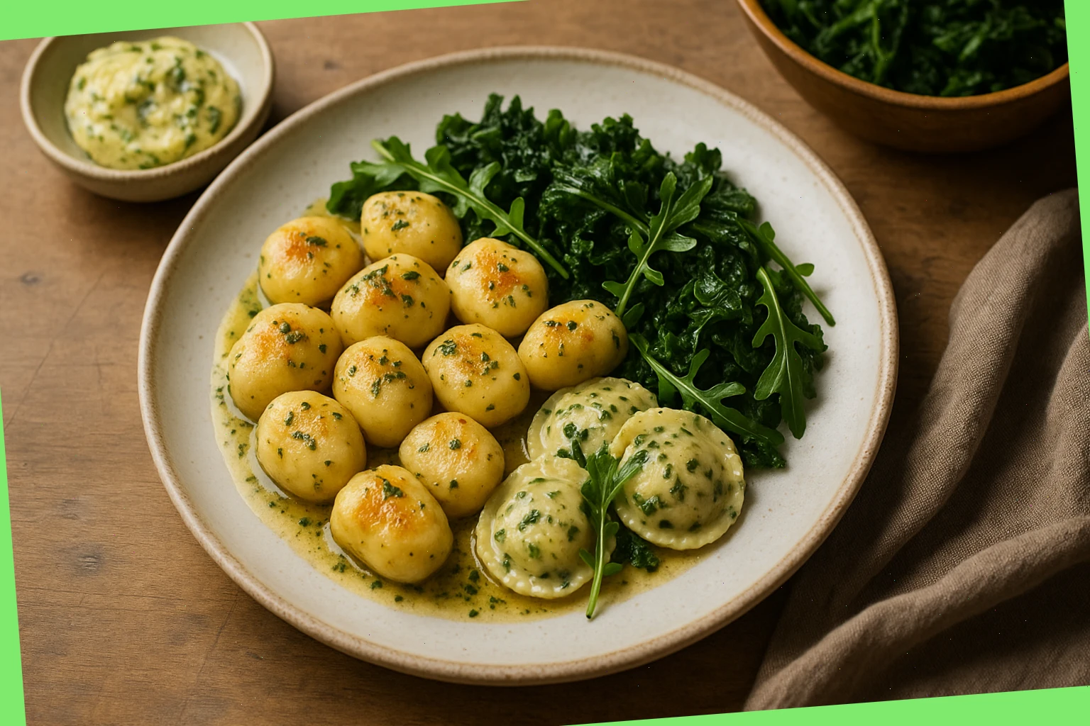 Seasonal gnocchi and herb butter with local greens